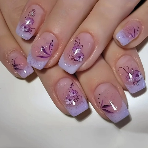 Lila Blumen Press On Nägel Rosa Verlauf Glitzer Künstliche Falsche Nägel Quadratisch Rund Form Elegant Maniküre Für Frauen
