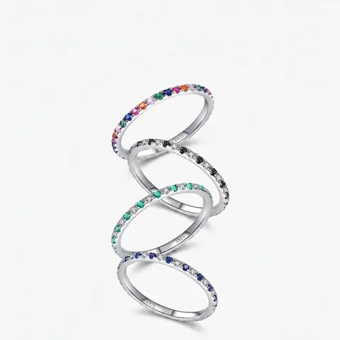 Eternity Band Ring 925 Sterling Silver Colorful Zircon Micro Inlaid Minimalist Stackable Finger Jewelry For Women