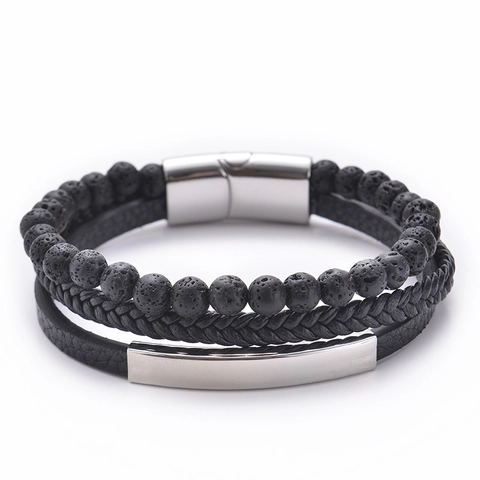 Men Multi Layer Bracelet Natural Lava Stone Tiger Eye Beaded Braided Leather Stainless Steel Magnetic Clasp Retro