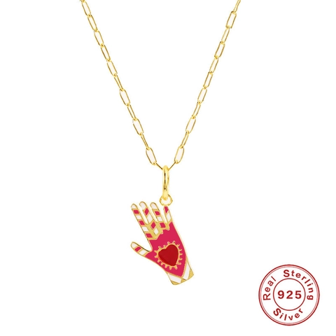 Collana con Pendente a Forma di Cuore Rosa Malocchio Palmo in Argento Sterling 925 con Zirconi per Donna Gioielli Vintage con Catena Geometrica