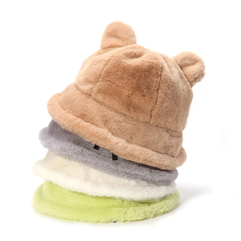 Gorro De Pescador De Peluche Con Orejas De Oso Piel Sintética Cálido Invierno Sombrero Para Mujer Exterior Casual Color Sólido