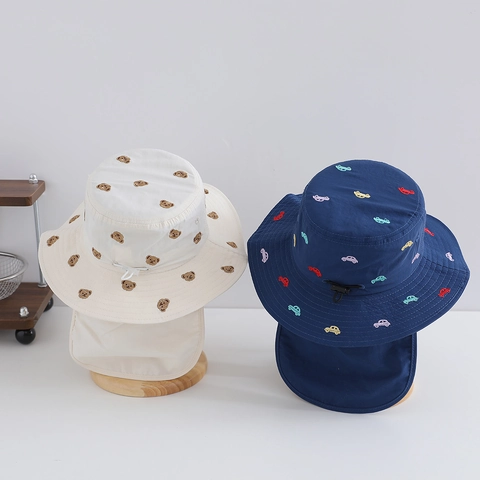 Cappello Sole Bambini Con Protezione Nuca Asciugatura Rapida Traspirante Nylon Bucket Ricamo Animale Cartone Regolabile