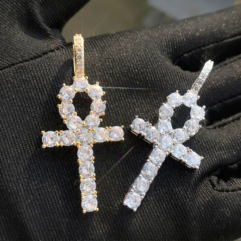 Collana Con Pendente A Croce Ankh Hip Hop Rame Placcato Oro 18K AAAAA Zircone Gioielli Iced Out Per Uomo Con Catena