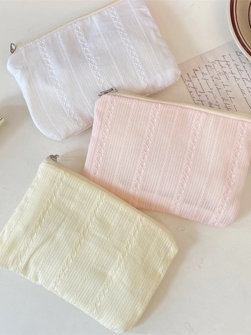 Portamonete Tessuto Coste Verticali Ricamo Pizzo Pochette Trucco Cerniera Organizzazione Viaggio Portatile Retro Donna Borsa