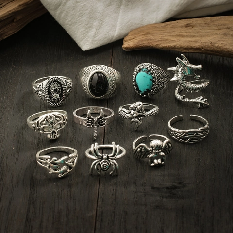 11-delige Vintage Punk Ringenset voor Heren Legering Turquoise Strass Gotisch Draak Schedel Spin Schorpioen Antiek Zilver