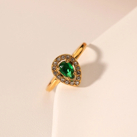 Anello Regolabile Goccia Zircone Verde Placcato Oro 18K Acciaio Inossidabile Zirconia Bianca Stile Francese Gioielli