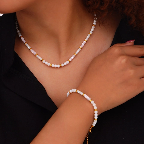 French Style Beaded Necklace And Bracelet Stainless Steel Sea Shell Elegant Gold Tone Accessories For Women