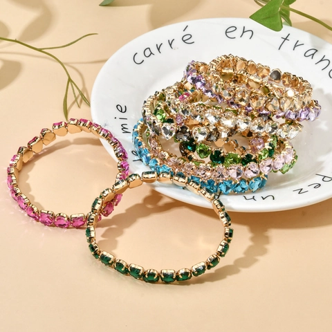 Heart Shaped Zircon Bracelet Colorful Crystal Alloy Gold Plated Elastic Bangle Fashion Jewelry For Women