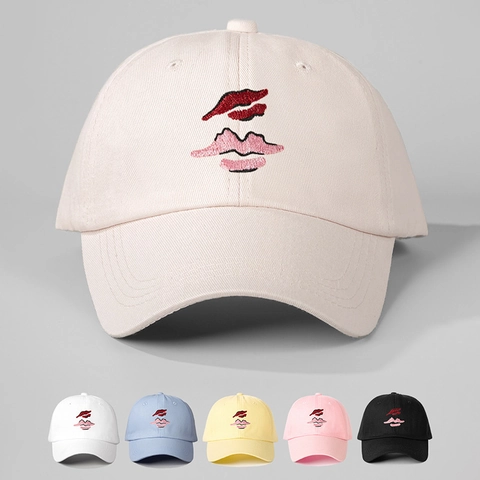 Lip Embroidery Baseball Cap Polyester Adjustable Sun Protection Outdoor Sport Hat Trendy Six Panel Snapback For Women Men