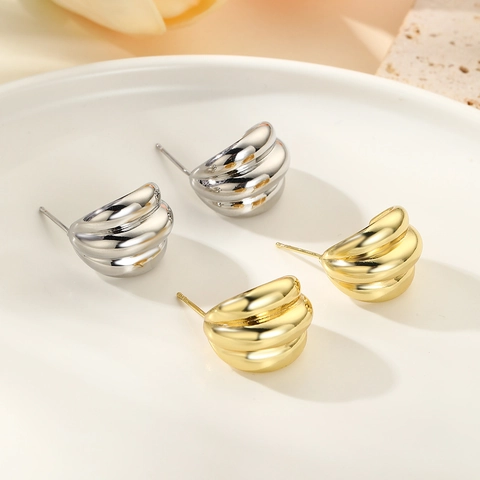 Minimalist Geometric Hollow C-Shape Copper Stud Earrings 18K Gold Silver Plated Layered Croissant Earrings For Women Jewelry