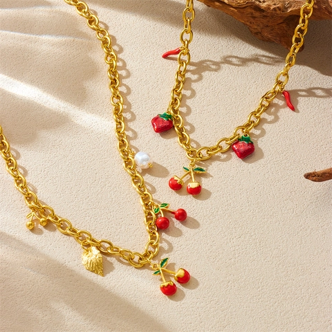 Collar De Acero Inoxidable Colgantes Frutas Fresa Cereza Chile Esmalte Color Oro Joyería De Moda Para Mujeres