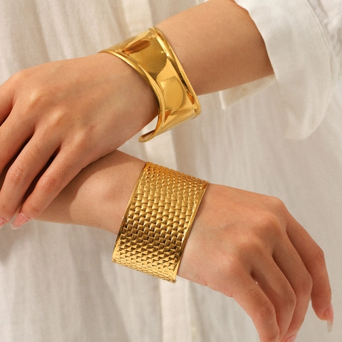 Bracciale A Polsino Aperto Largo Acciaio Inossidabile Onda Geometrica Intrecciato Placcato Oro Gioielli Di Moda Minimalista Per Donna