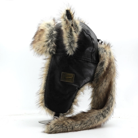 Sombrero De Trampero De Invierno Cuero PU Piel Sintética Orejeras Orejas De Animales Cola Larga Cálido Exterior