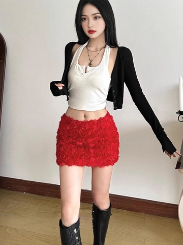 Women Sexy 3D Rose Flower Mini Skirt Nightclub Party Solid Color Polyester Elastane Bodycon