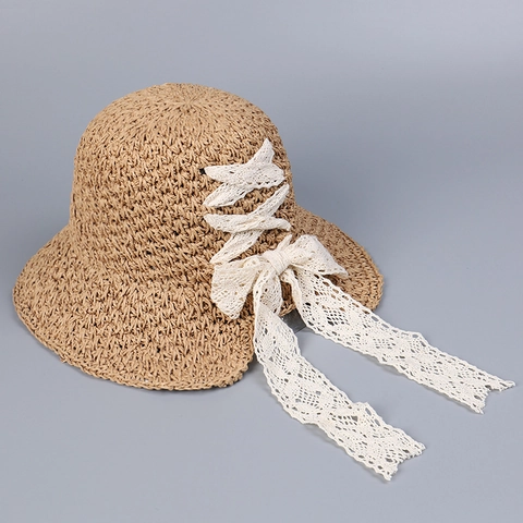 Women Wide Brim Straw Sun Hat Foldable Paper Breathable Lace Ribbon Bow Vacation Beach Round Top