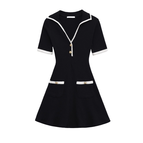 Damen Strick Minikleid Kurzarm V Ausschnitt Kontrastbesatz Goldknöpfe Rippstrick Lässig Elegant