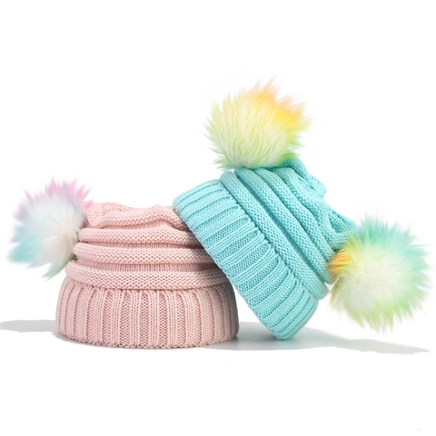 Children Winter Warm Knitted Beanie Hat With Colorful Dual Fur Balls Solid Color Acrylic Crochet Cap For Boys Girls