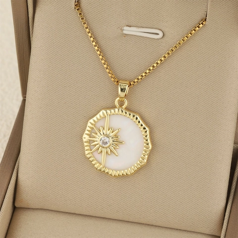 Elegant Stainless Steel Necklace With Round Mother Of Artificial Pearl Star Zircon Pendant Gold Color Chain For Women Light Luxury