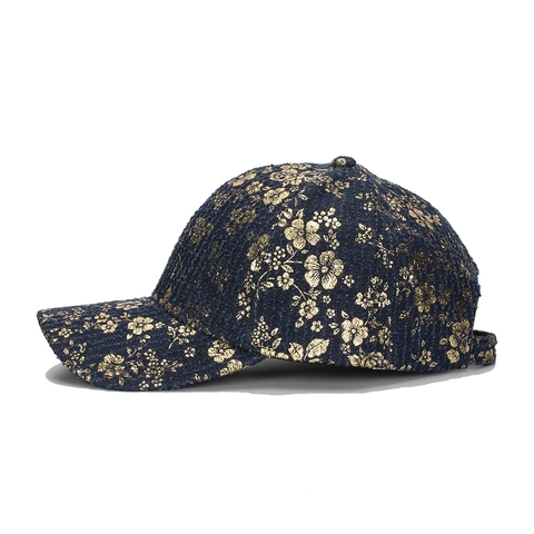 Casquette De Baseball Femmes Tissu Tweed Coton Imprimé Floral Doré Protection Solaire Chic Réglable Boucle Métal