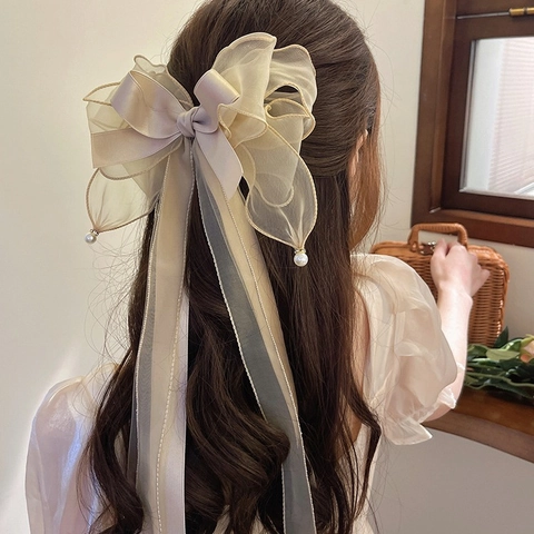 Oversized Bow Hair Clip Organza Satin Fabric Long Streamers Elegant Korean Style Spring Automatic Barrette For Women Girls