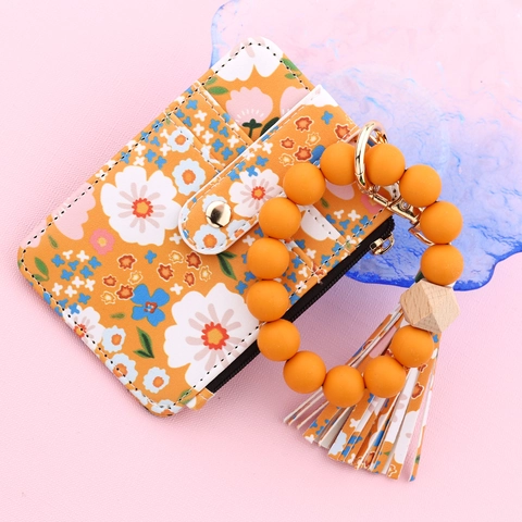 Women Floral Print PU Leather Wallet Wristlet Keychain Set Silicone Bead Bracelet Card Holder With Tassel Zip Small Purse