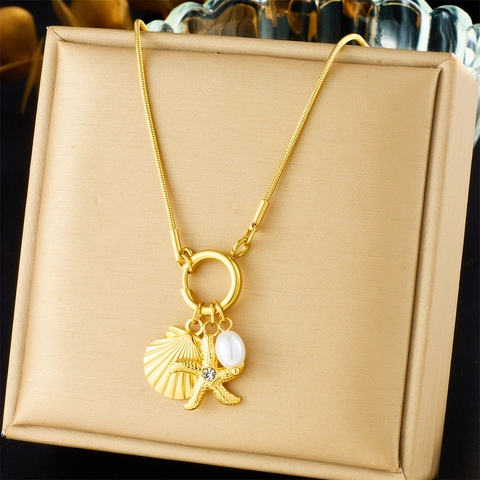 Oceaan Serie Vergulde Roestvrijstalen Zeester Schelp Kunstparel Hanger Ketting Slangenketting Voor Dames