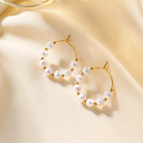 Stainless Steel Freshwater Pearl Hoop Earrings For Women Golden Twisted Round Geometrical French Light Luxury Elegant Jewelry Gift