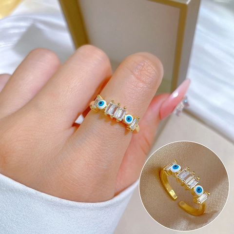 Evil Eye Offener Ring Messing Gold Vergoldet Zirkon Verstellbarer Schmuck Für Frauen Trendiger Minimalistischer Luxusstil