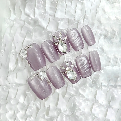 Handmade Lavender Cat Eye Press On Nails With Rhinestones And Artificial Pearls 3D Detachable Short Square Round ABS For Women
