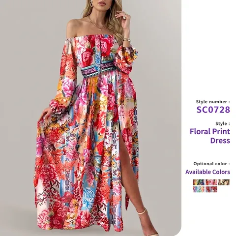 Maxi Jurk Polyester Off Shoulder Lange Mouwen Hoge Split Bedrukt Retro Barok Stijl Elegant Avond Feest Vakantie Vrouwen