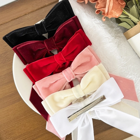 Velvet Bow Hair Clip Double Layer Long Streamer French Retro Elegant Headwear For Women Girls Solid Color Accessory
