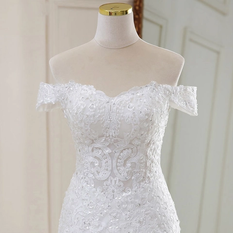 Elegant Off-The-Shoulder White Lace Embroidery Mermaid Wedding Dress With Long Train And Corset Back For Bride
