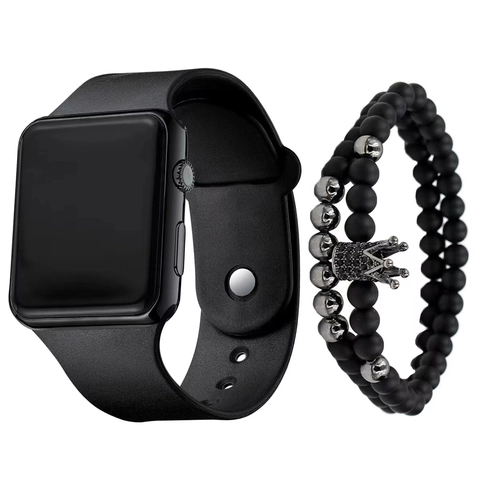 Fashion LED Digital Watch For Men Women Silicone Strap Square Electronic Wristwatch With Beaded Crown Bracelet Set Daily Jewelry