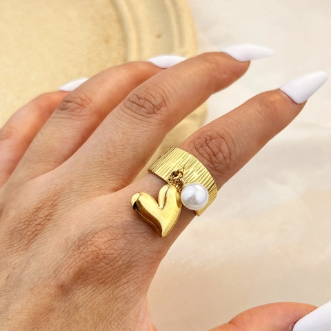 Anello Aperto Con Ciondolo A Cuore E Perla Artificial Acciaio Inossidabile Trama Verticale Design Di Nicchia Minimalista Gioielli Regolabili Donna