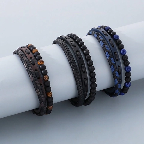 Pulsera Multicapa De Cuero Trenzado Para Hombre Cuentas Ojo De Tigre Ágata Acero Inoxidable Cierre Magnético Joyería Punk