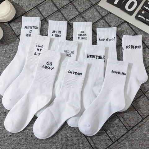 Crew Socks Cotton Blend Ribbed Slogan Lettering Streetwear Sport Style For Men Women White