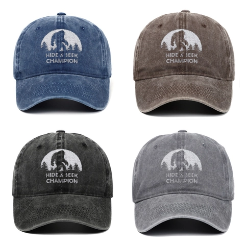 Casquette Baseball Coton Lavé Broderie Bigfoot Sasquatch Hide And Seek Champion Vintage Délavé Réglable Retro Dad Hat