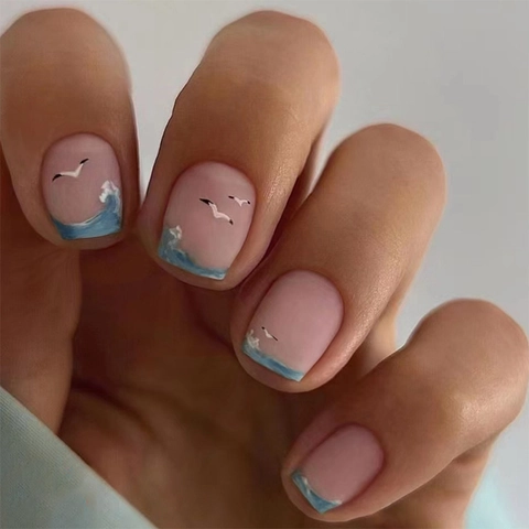 Unghie Finte A Pressione Opache Design Onda Oceano Gabbiano Rosa Blu Stile Estivo Unghie Artificiali Per Donne Elegante