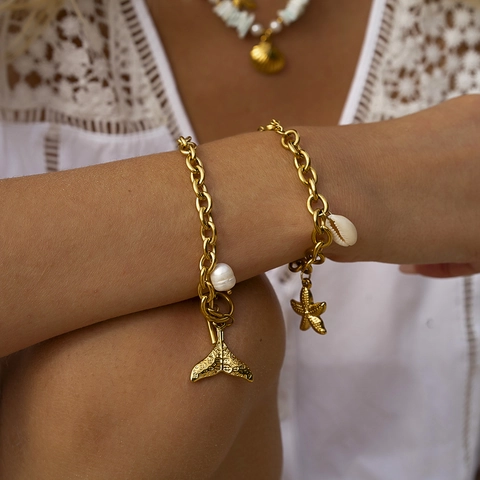 Ocean Theme Starfish Shell Fish Tail Jewelry Stainless Steel 18K Gold Plated Summer Beach Bracelet Necklace For Women