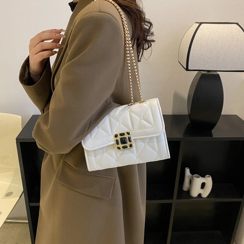 Elegante Bolso De Hombro Acolchado Cuero PU Patrón Rombos Cadena Dorada Hebilla Gema Bolso Bandolera Para Mujer Moda