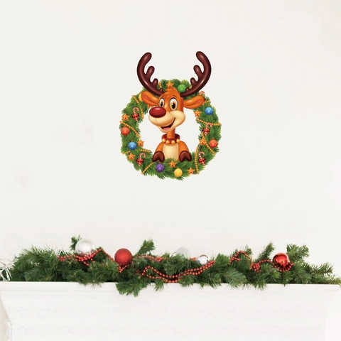 Autocollant Mural Couronne De Renne De Noël PVC Auto-Adhésif Décalcomanie De Fenêtre Décoration De Fête Maison Cerf Dessin Animé