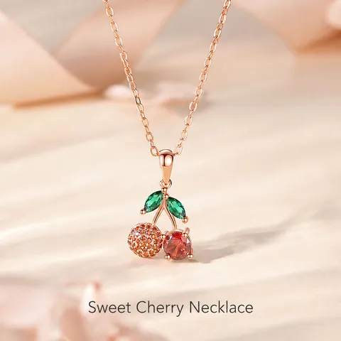 Sweet Cherry Pendant Necklace 925 Sterling Silver Cubic Zirconia Clavicle Chain Korean Fashion Jewelry For Women Elegant Gift