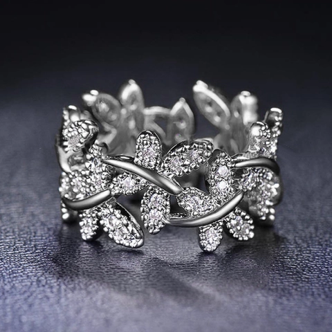 Elegant Flower Leaf Vine Ring Copper With Cubic Zirconia Butterfly Adjustable Band Fashion Jewelry For Women