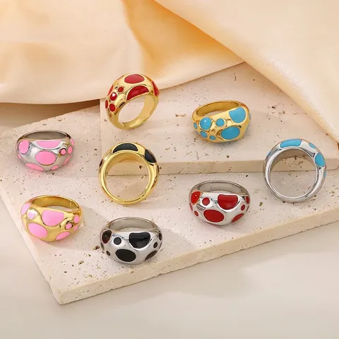 Edelstahl Chunky Ring 18K Gold Plattiert Emaille Punkt Retro Pop Art Geometrische Breite Band Schmuck Für Damen