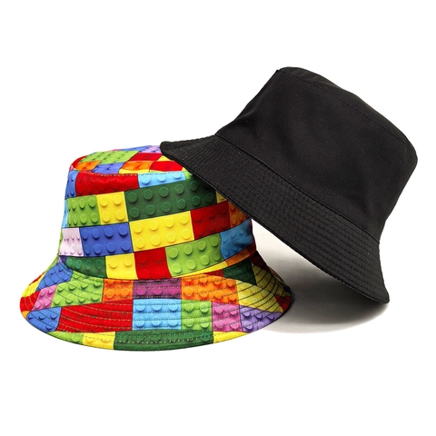 Chapeau Bob Réversible Motif Blocs Colorés Polyester Protection Solaire Chapeau Pêcheur Nouveauté Femmes