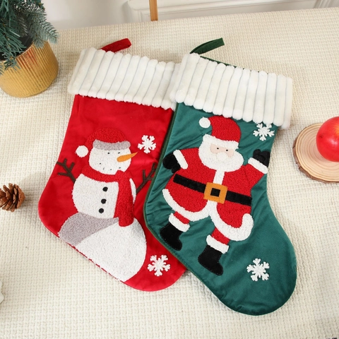 Christmas Stocking Velvet Embroidered Santa Snowman Holiday Hanging Decoration Gift Candy Bag Large Cartoon