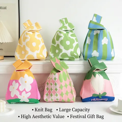 Pastoral Style Knitted Handbag Floral Print Mini Wrist Bag Portable Crochet Tote Niche Design Accessory For Women