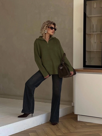 Pull En Tricot Femme Avec Demi Fermeture Éclair Mélange De Coton Couleur Unie Coupe Ample Col Montant Manches Longues