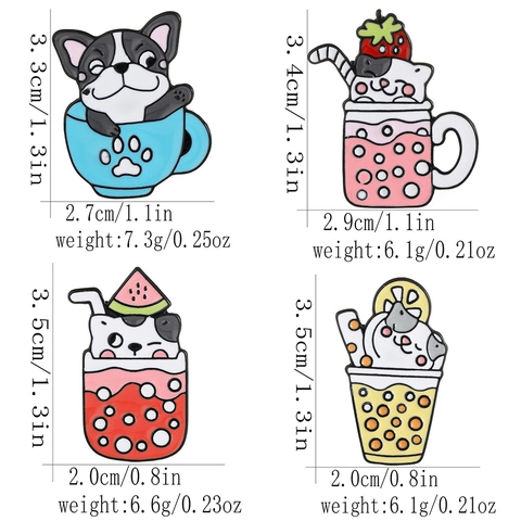 Simpatico Cartone Animato Gatto Cane Smalto Spilla Lega Animale In Tazza Di Bevanda Distintivo Fragola Anguria Gioielli