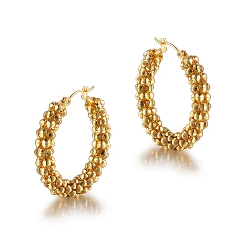 Textured Beaded Hoop Earrings For Women Stainless Steel Gold Plated Retro Style Geometric U-Shape Circle Ear Jewelry